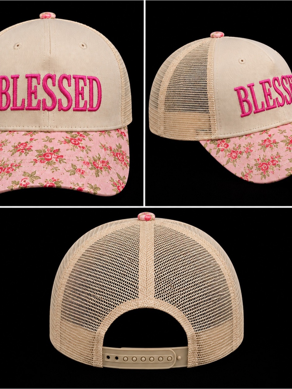"Blessed" Floral Trim Trucker Hat - Pink Embroidered Text - Picture 2 of 2